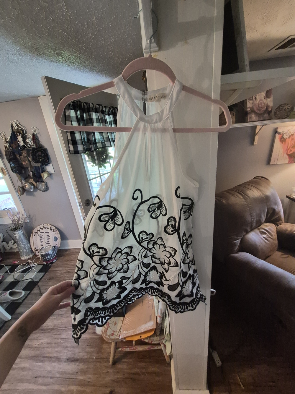 Hot & Delicious Sleeveless White Halter Top with Black Floral Embroidery